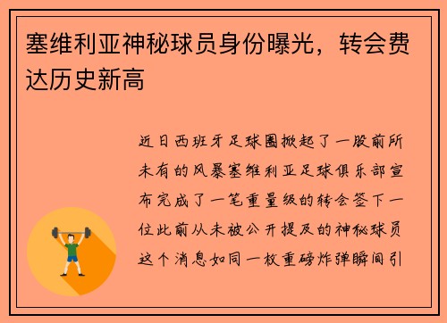 塞维利亚神秘球员身份曝光，转会费达历史新高