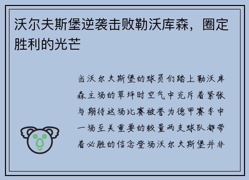 沃尔夫斯堡逆袭击败勒沃库森，圈定胜利的光芒